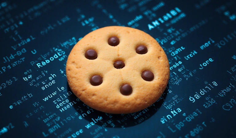 Egy digitális süti ikon, ami a weboldalakon használt sütik koncepcióját illusztrálja, háttérben kódokkal és adatfolyamokkal.