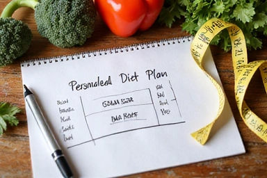 Egyéni étrend tervet bemutató kép, ahol egy tollal írt étrend látható friss zöldségek és egy mérőszalag mellett.