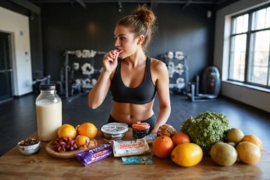 Sportoló étrendjét bemutató kép, ahol egy sportoló edzés után fehérjeturmixot iszik, mellette sportos ételek és kiegészítők.