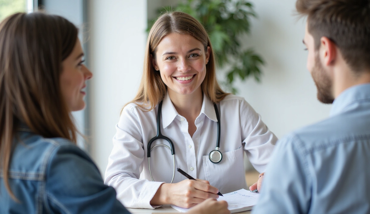 Egy barátságos, mosolygós dietetikus, aki jegyzetel egy konzultáció során, tiszta, modern háttérrel.