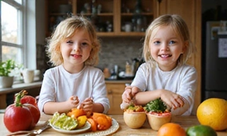 Boldog gyermekek esznek gyümölcsöt és zöldséget, színes és tápláló ételek